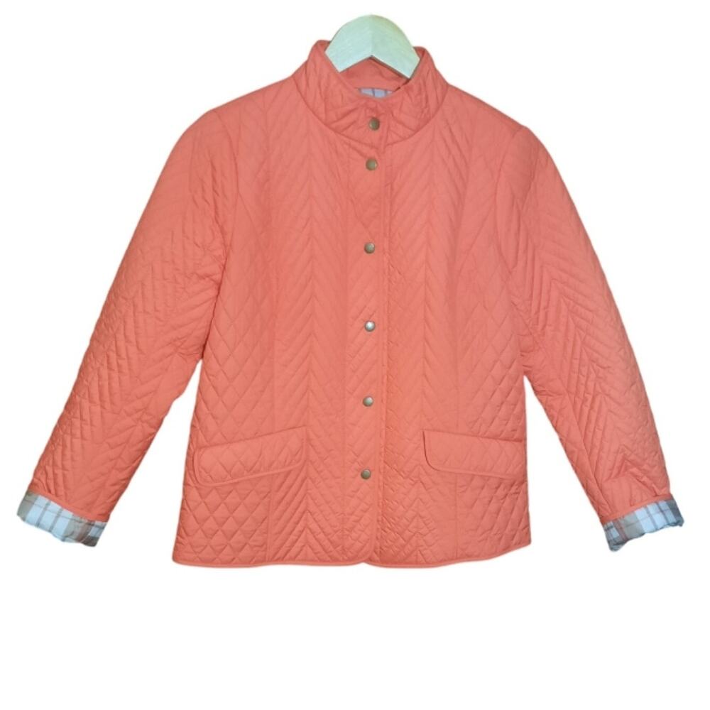 Talbots Womens Tangerine Diamond Quilted Button Down Plaid Lining Jacket Size SP